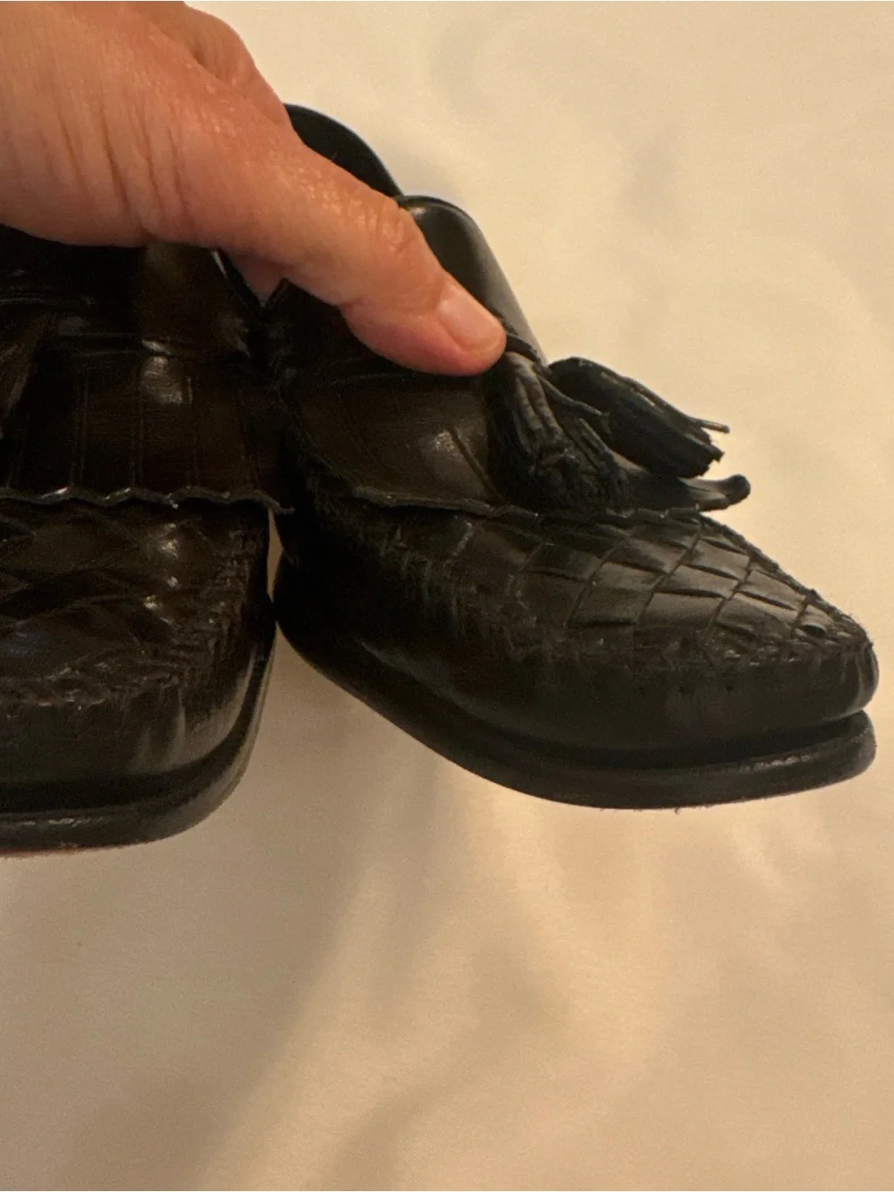Cole Haan Black Leather Tassel Woven Penny Loafers
